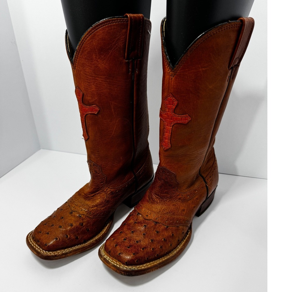 EUC Larry Mahan Womens Full Quill Ostrich Cross Inlay Brown Western Boots 6.5 B